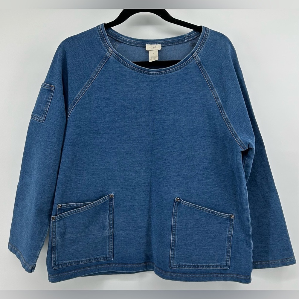 J.Jill Denim Look Knit Pullover Top Patch Pockets Casual Relaxed Fit Size S